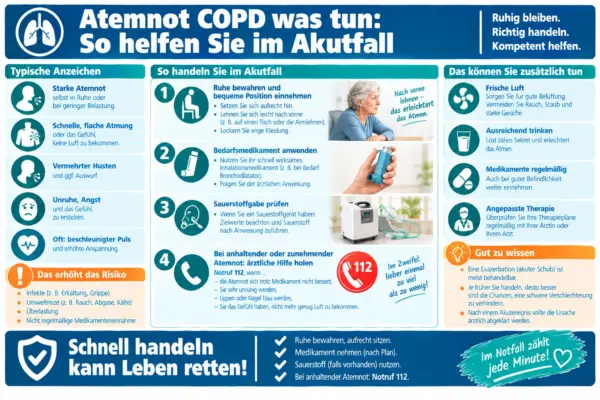 Infografik zur akuten Atemnot bei COPD mit einer Frau, Handlungsschritten und einem Notrufsymbol.