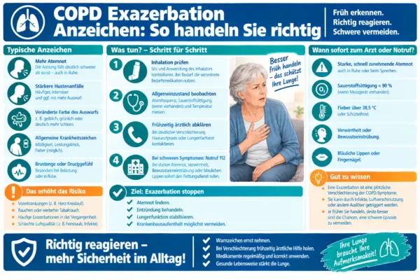 Infografik zur COPD-Exazerbation mit einer Frau bei Atembeschwerden und Hinweisen zu Warnzeichen.