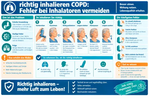 Infografik zum Inhalieren bei COPD mit dargestellten Anwendungsschritten und häufigen Inhalationsfehlern.