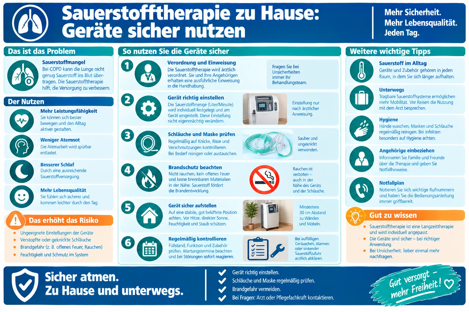 Infografik zur Sauerstofftherapie zu Hause mit Sauerstoffgerät, Nasenbrille und Sicherheitszeichen.